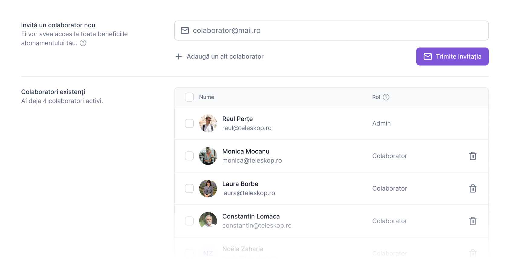 Funcționalități ale platformei Teleskop: Echipa